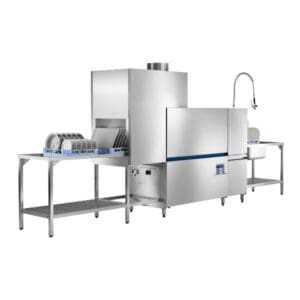 Commercial kitchen dishwashing station with an industrial Hobart CS-E-A PROFI Rack Conveyor dishwasher, clean dish racks, and pre-wash sink designed for efficient warewashing.