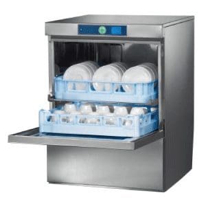 A Hobart FX-Profi Dishwasher with clean dishes on racks, showcasing an efficient cleaning solution for commercial kitchens.