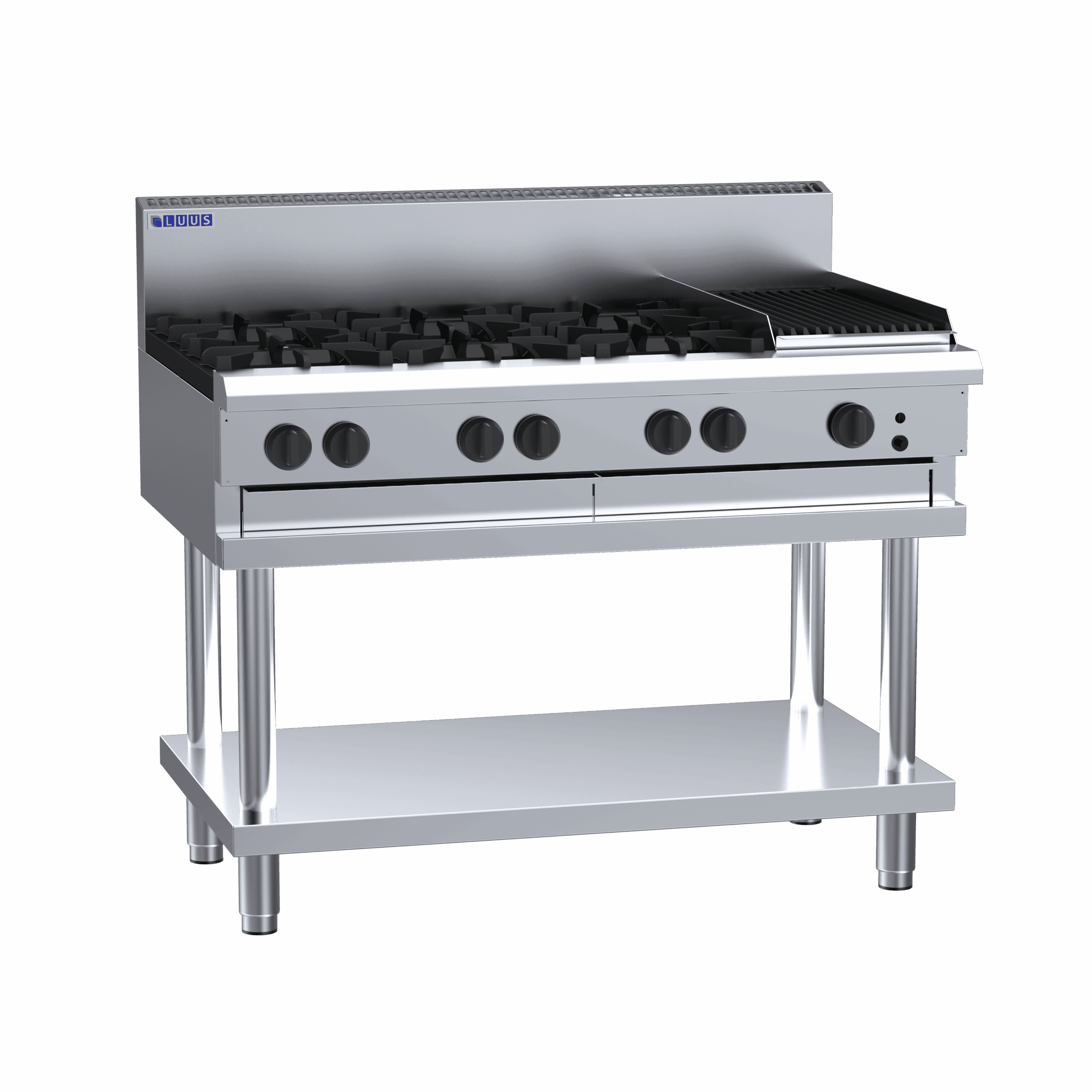 Luus 1200mm Cooktops 6 Burners & 300mm Chargrill & Shelf