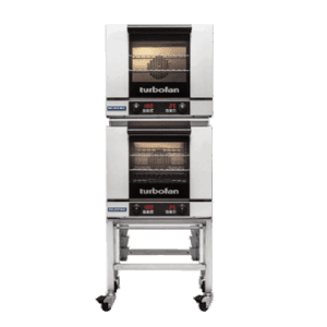 Turbofan E23D3/2 - Half Size Tray Digital Electric Convection Ovens Double Stacked on a Stainless Steel Base Stand