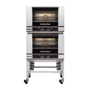 Turbofan E27D2/2 - Full Size Tray Digital Electric Convection Ovens Double Stacked on a Stainless Steel Base Stand