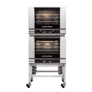 Turbofan E28D4/2 - Full Size Tray Digital Electric Convection Ovens Double Stacked on a Stainless Steel Base Stand